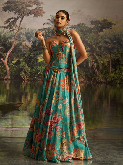 Rajwada Turquoise Georgette Printed Stitched Lehenga For Women