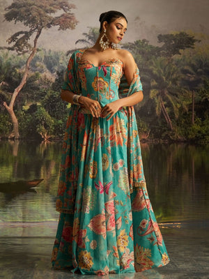 Rajwada Turquoise Georgette Printed Stitched Lehenga For Women
