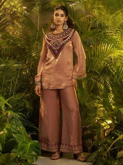 Rajwada Brown Silk Blend Embroidered Stitched Co-Ord Set For Women
