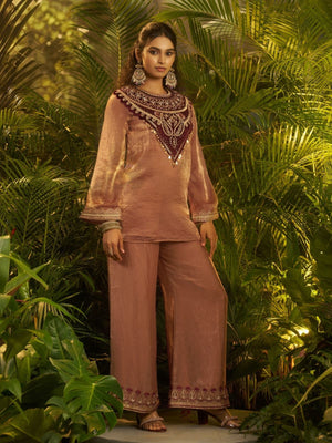 Rajwada Brown Silk Blend Embroidered Stitched Co-Ord Set For Women