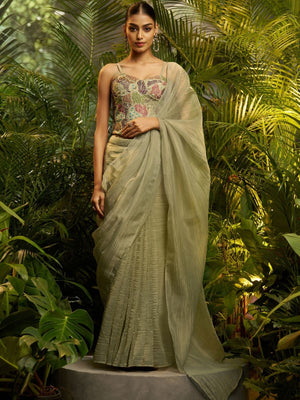 Rajwada Pista Green Silk Blend Solid Saree For Women