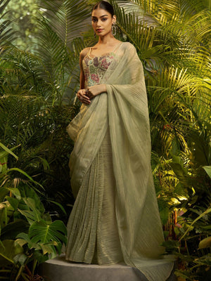 Rajwada Pista Green Silk Blend Solid Saree For Women