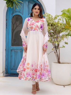 Rajwada Off White Georgette Solid Stitched Anarkali Kurta Set For Women