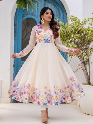 Rajwada Off White Georgette Solid Stitched Anarkali Kurta Set For Women