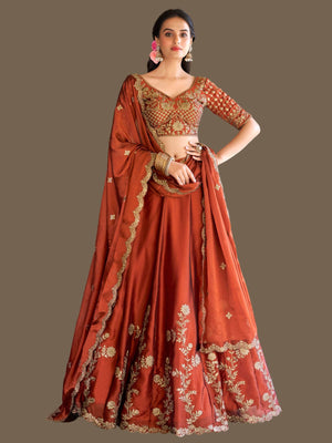 Rajwada Rust Orange Silk Semi Stiched Lehanga For Women