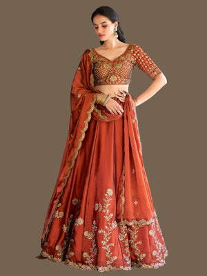 Rajwada Rust Orange Silk Semi Stiched Lehanga For Women