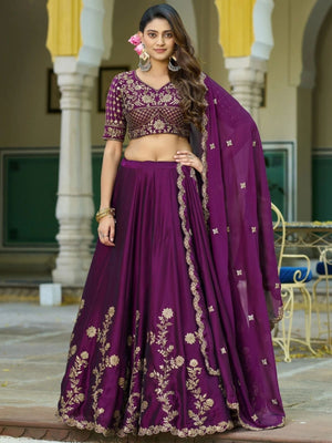 Rajwada Wine Silk Blend Embellished Lehenga For Women