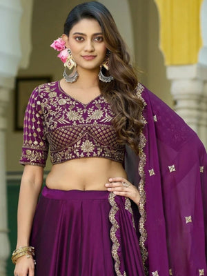 Rajwada Wine Silk Blend Embellished Lehenga For Women