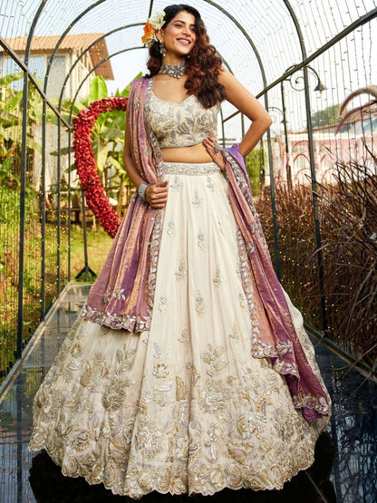 Rajwada Ivory Silk Blend Embellished Lehenga For Women