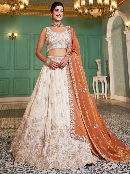 Rajwada Ivory Silk Blend Embellished Lehenga For Women