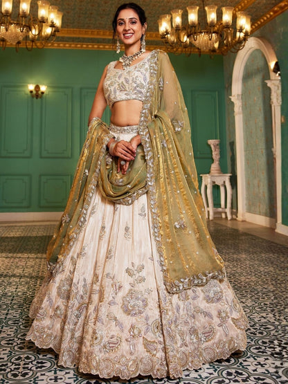 Rajwada Ivory Silk Blend Embellished Lehenga For Women