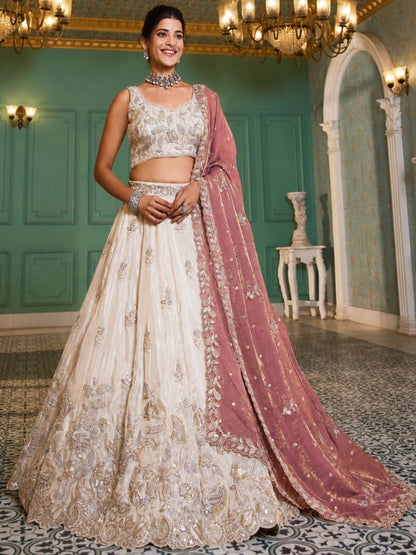 Rajwada Ivory Silk Blend Embellished Lehenga For Women