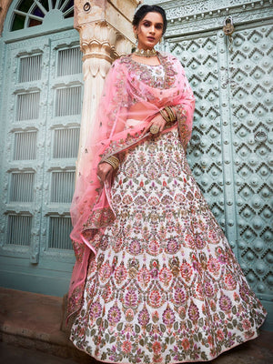 Rajwada Off White Georgette Embroidered Semi-Stitched Lehenga With Unstitched Blouse For Women