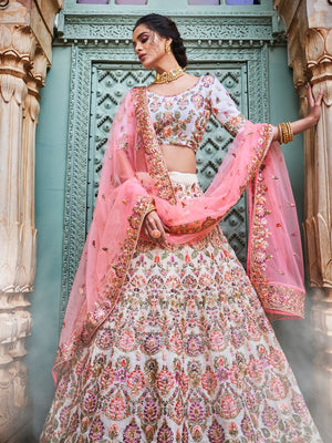 Rajwada Off White Georgette Embroidered Semi-Stitched Lehenga With Unstitched Blouse For Women
