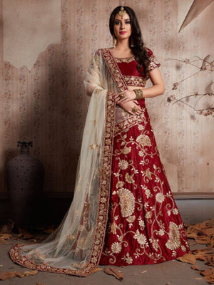 Rajwada Maroon Velvet  Embroidered  Semi-Stitched Lehenga With Unstitched Blouse For Women