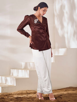 Rajwada Brown Silk Blend Embroidered Top For Women