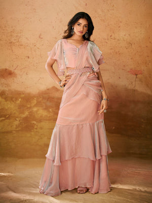 Rajwada Pink Solid Organza Ready To Wear Saree With Stitched Blouse For Women