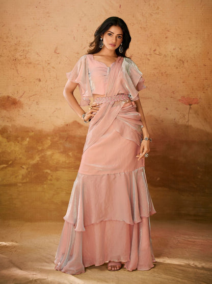 Rajwada Pink Solid Organza Ready To Wear Saree With Stitched Blouse For Women