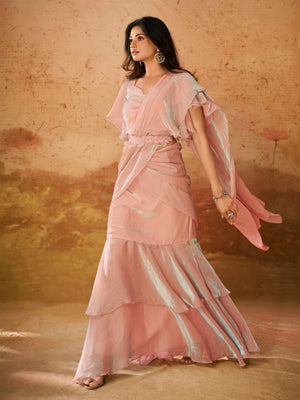 Rajwada Pink Solid Organza Ready To Wear Saree With Stitched Blouse For Women