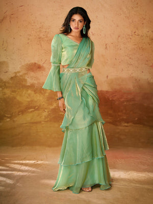 Rajwada Green Solid Organza Ready To Wear Saree With Stitched Blouse For Women