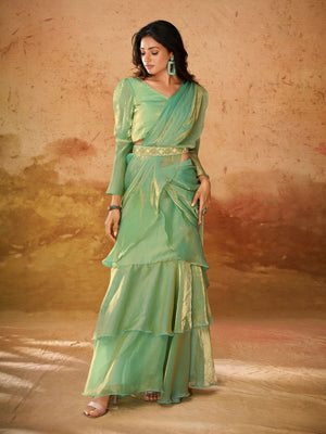 Rajwada Green Solid Organza Ready To Wear Saree With Stitched Blouse For Women