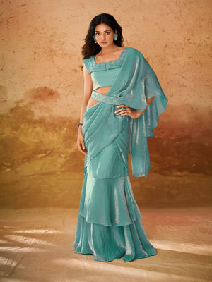 Rajwada Turquoise Solid Organza Ready To Wear Saree With Stitched Blouse For Women