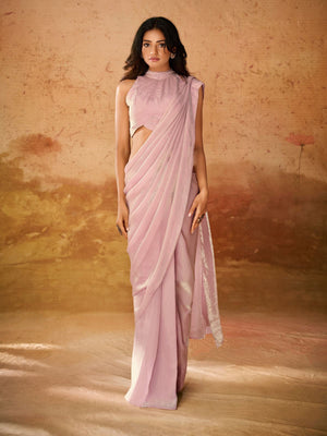 Rajwada Pink Solid Organza Ready To Wear Saree With Stitched Blouse For Women