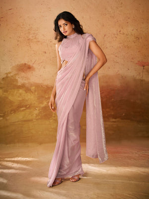 Rajwada Pink Solid Organza Ready To Wear Saree With Stitched Blouse For Women