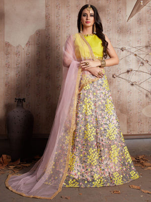 Rajwada Pink And Yellow Art Silk Embroidered Semi-Stitched Lehenga With Unstitched Blouse For Women