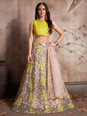 Rajwada Pink And Yellow Art Silk Embroidered Semi-Stitched Lehenga With Unstitched Blouse For Women