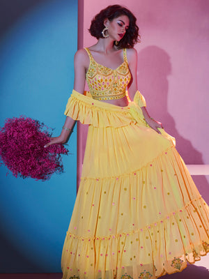 Rajwada Yellow Georgette Embellished Semi Stitched Lehenga With Unstitched Blouse For Women