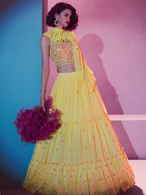 Rajwada Yellow Georgette Embellished Semi Stitched Lehenga With Unstitched Blouse For Women
