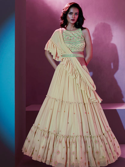Rajwada Cream Georgette Embellished Semi Stitched Lehenga With Unstitched Blouse For Women