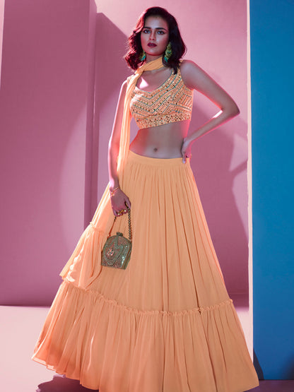 Rajwada Orange Georgette Embellished Semi Stitched Lehenga With Unstitched Blouse For Women