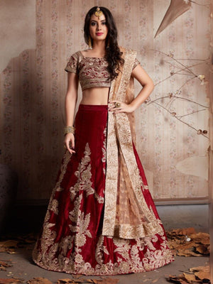 Rajwada Maroon Velvet Embroidered Semi-Stitched Lehenga With Unstitched Blouse For Women