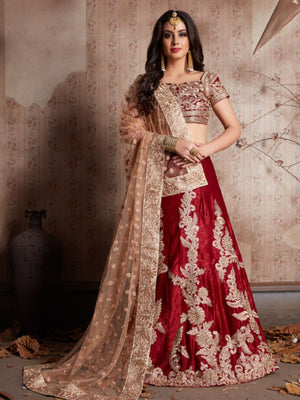 Rajwada Maroon Velvet Embroidered Semi-Stitched Lehenga With Unstitched Blouse For Women