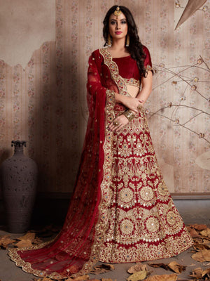 Rajwada Maroon Velvet Embroidered Semi-Stitched Lehenga With Unstitched Blouse For Women