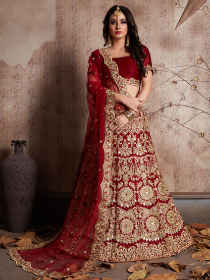 Rajwada Maroon Velvet Embroidered Semi-Stitched Lehenga With Unstitched Blouse For Women