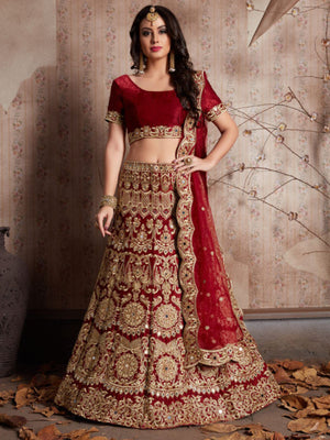 Rajwada Maroon Velvet Embroidered Semi-Stitched Lehenga With Unstitched Blouse For Women