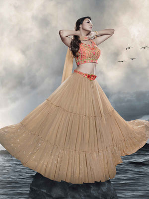 Rajwada Beige Chinon Art Silk Embellished Semi Stitched Lehenga With Unstitched Blouse For Women