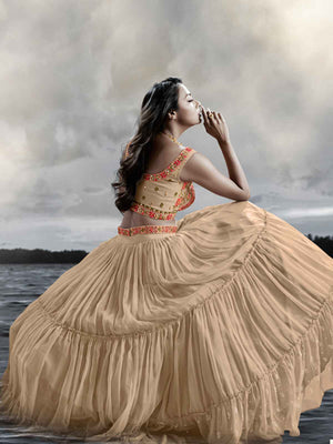 Rajwada Beige Chinon Art Silk Embellished Semi Stitched Lehenga With Unstitched Blouse For Women