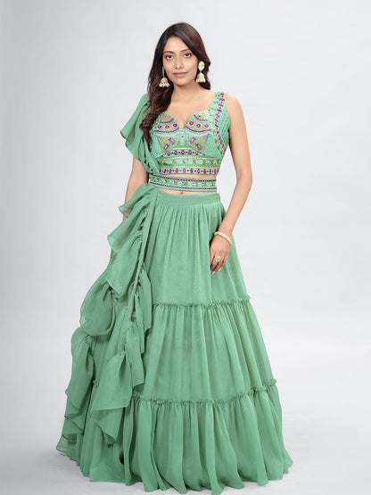 Rajwada Green Chiffon Embellished Stitched Lehenga With Stitched Blouse For Women