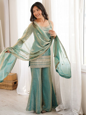 Rajwada Sea Green Silk Blend Embellished Kurta Set For Women
