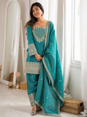 Rajwada Teal Blue Silk Blend Embellished Kurta Set For Women