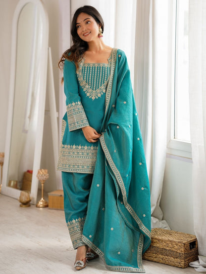 Rajwada Teal Blue Silk Blend Embellished Kurta Set For Women