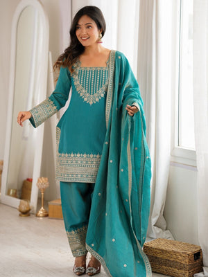 Rajwada Teal Blue Silk Blend Embellished Kurta Set For Women