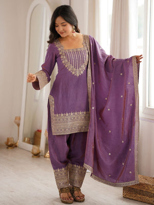 Rajwada Purple Silk Blend Embellished Kurta Set For Women