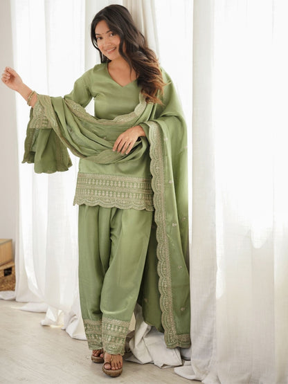 Rajwada Pista Green Silk Blend Embellished Kurta Set For Women