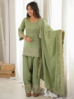 Rajwada Pista Green Silk Blend Embellished Kurta Set For Women
