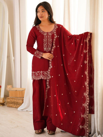 Rajwada Maroon Silk Blend Embellished Kurta Set For Women